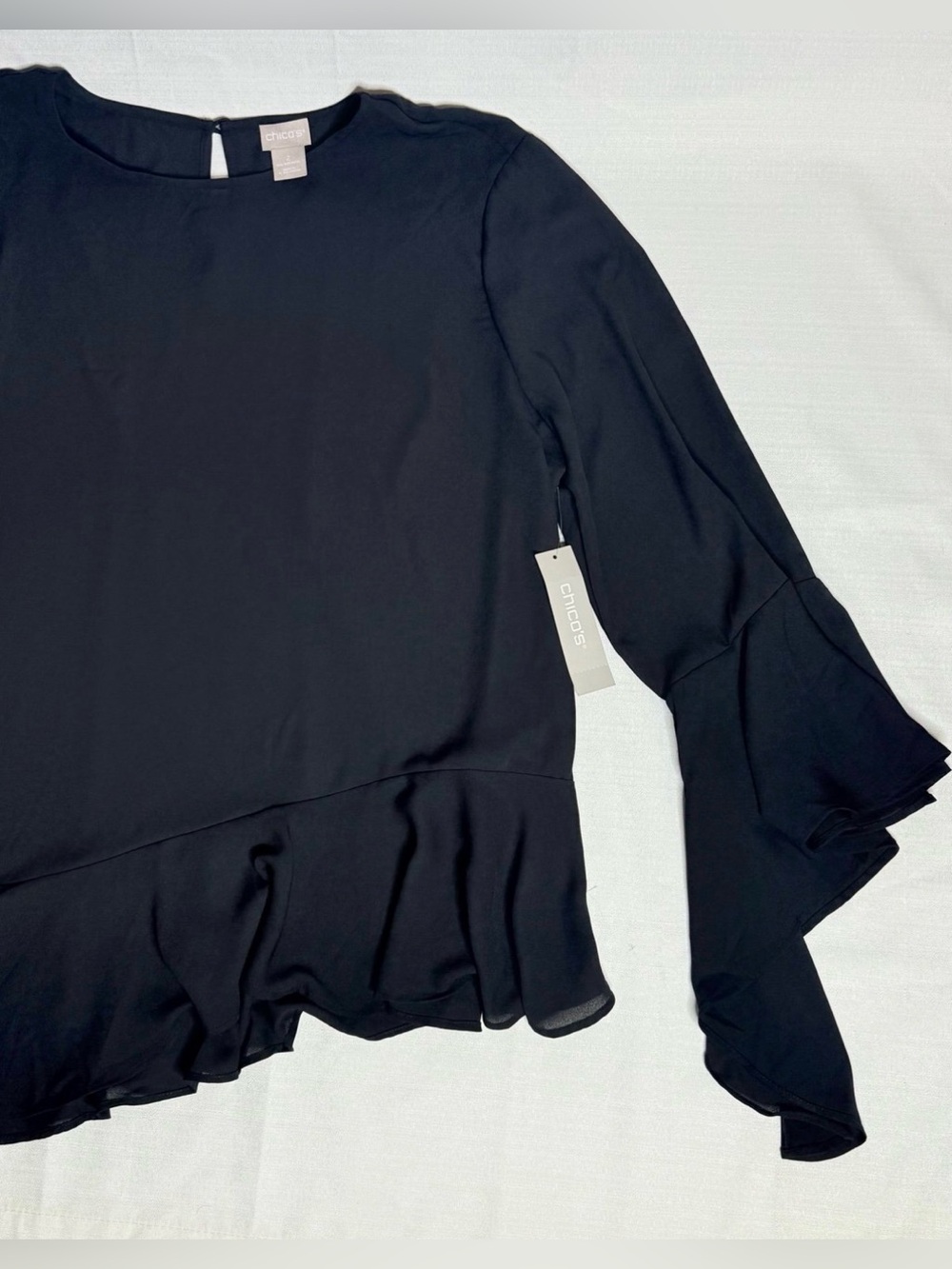 Chico’s Womens Blouse Size 2 Black Asymmetrical Bell Sleeve Top Flowy Shirt New - Picture 5 of 11